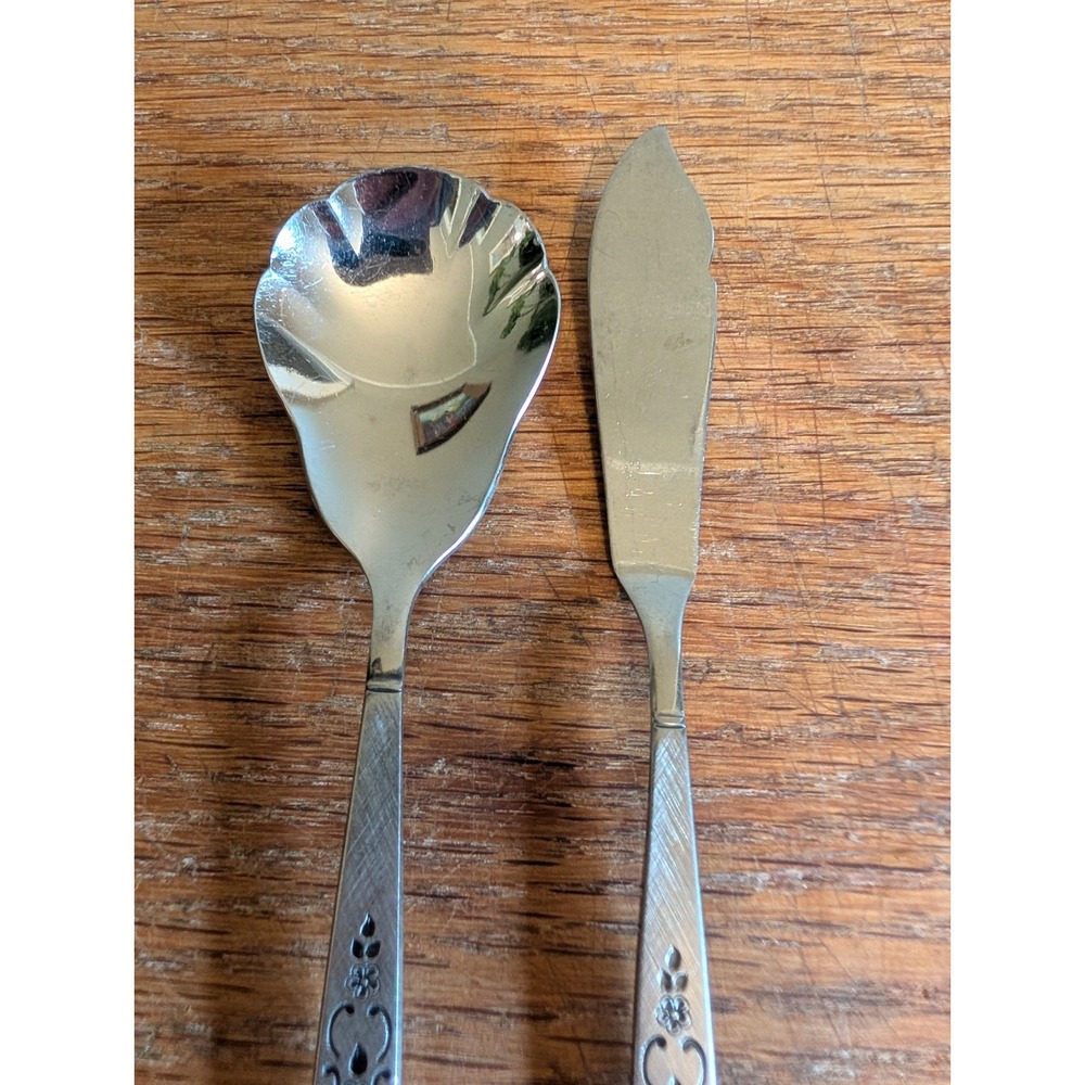 Wm A Rogers Oneida Stainless Sugar Spoon and Master Butter Knife Floral Set